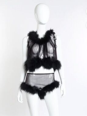 Vintage Virginia Wallace Feather-Trim Sheer Black Two-Piece Lingerie Set